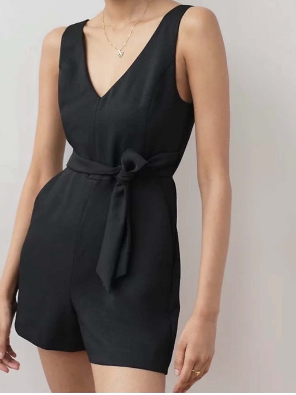 Aritzia Wilfred Tan V-Neck Tie-Waist Romper